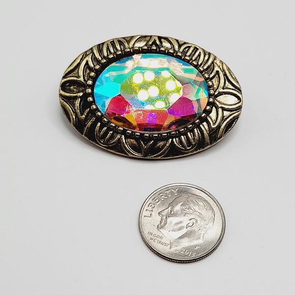 Rainbow Faceted Glass Oval Brooch Gold Tone Frame Vintage Crystal Pin 1.6" - Picture 8 of 8